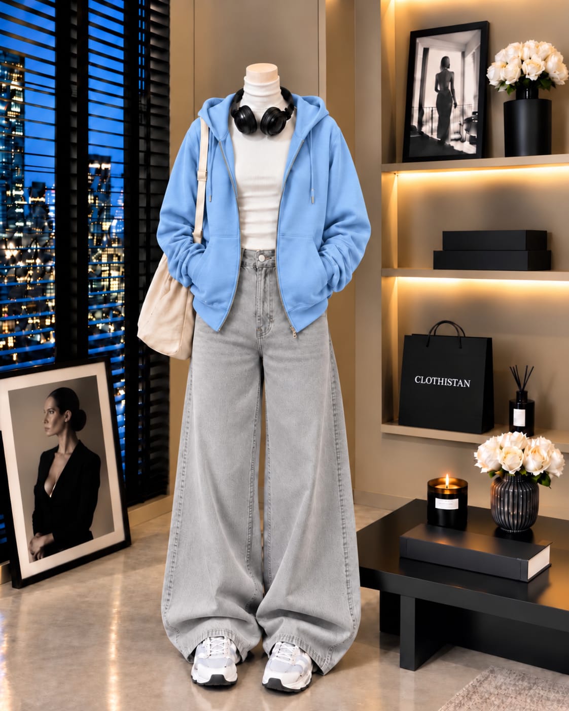 Zipper Hoodie, White Rib Net Highneck & Grey Wide-Leg Jeans as Pack of Threes