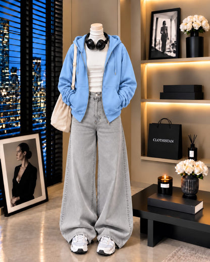 Zipper Hoodie, White Rib Net Highneck & Grey Wide-Leg Jeans as Pack of Threes