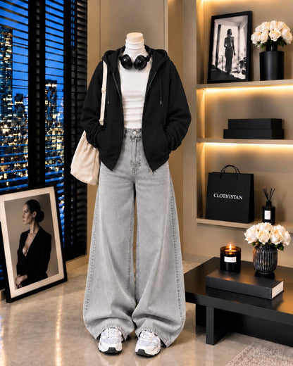 Zipper Hoodie, White Rib Net Highneck & Grey Wide-Leg Jeans as Pack of Threes