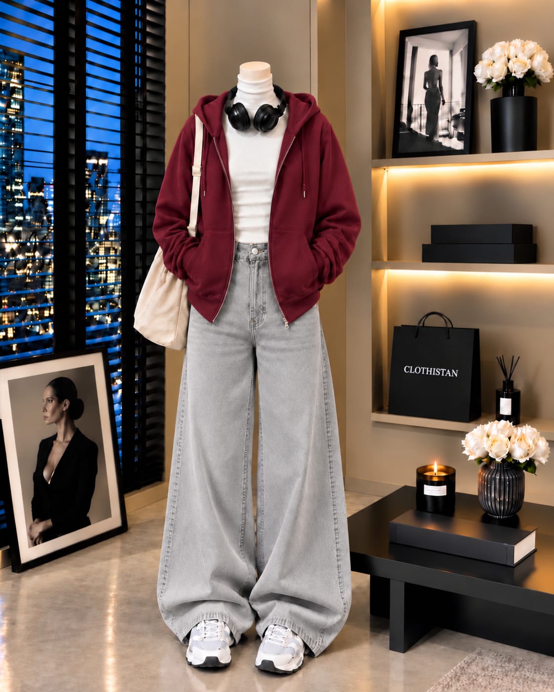 Zipper Hoodie, White Rib Net Highneck & Grey Wide-Leg Jeans as Pack of Threes