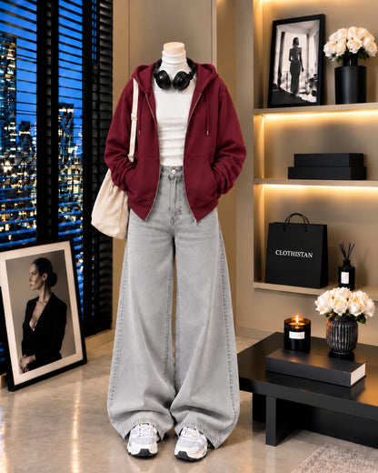 Zipper Hoodie, White Rib Net Highneck & Grey Wide-Leg Jeans as Pack of Threes