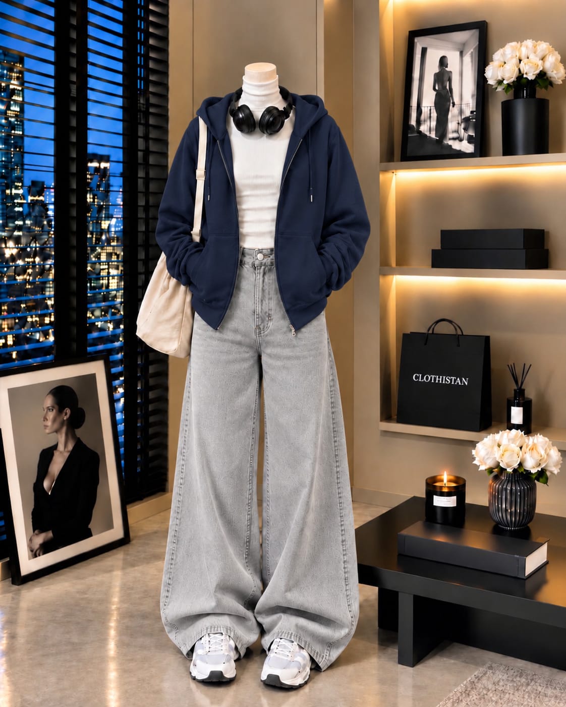 Zipper Hoodie, White Rib Net Highneck & Grey Wide-Leg Jeans as Pack of Threes