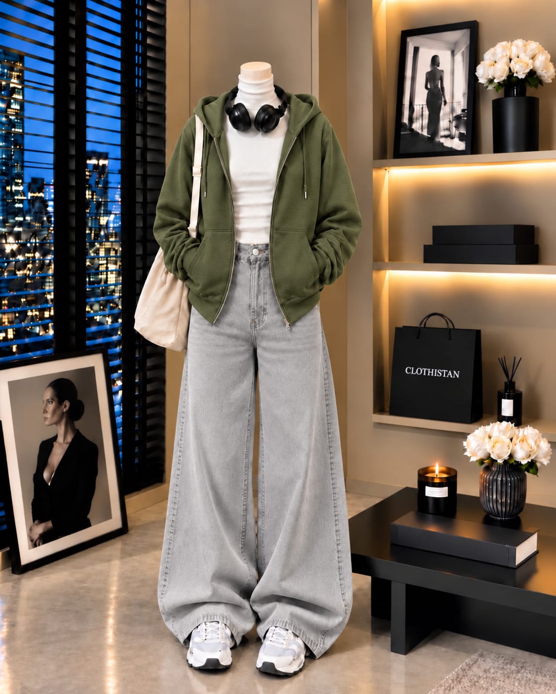 Zipper Hoodie, White Rib Net Highneck & Grey Wide-Leg Jeans as Pack of Threes