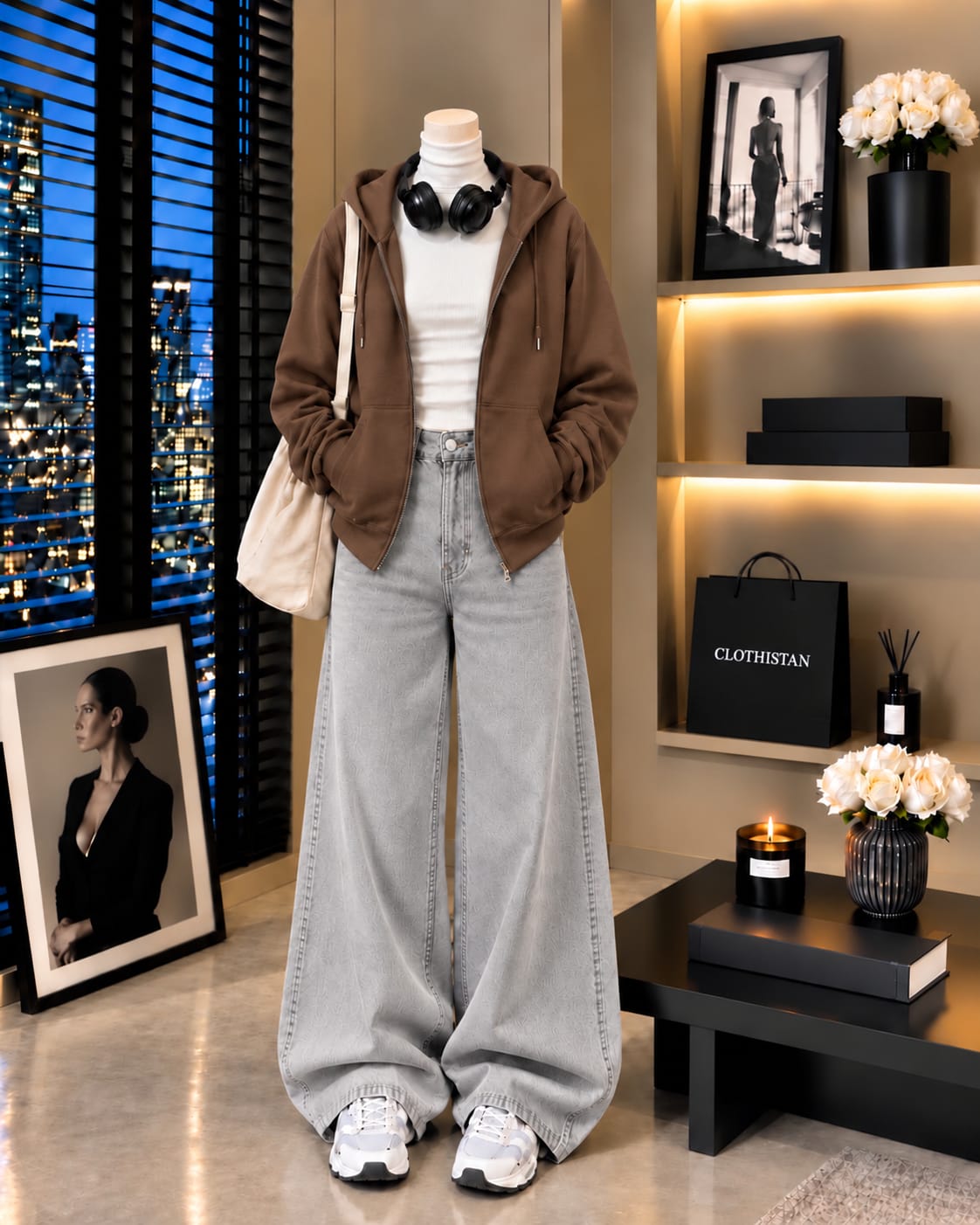 Zipper Hoodie, White Rib Net Highneck & Grey Wide-Leg Jeans as Pack of Threes