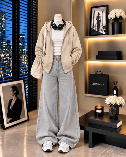 Zipper Hoodie, White Rib Net Highneck & Grey Wide-Leg Jeans as Pack of Threes