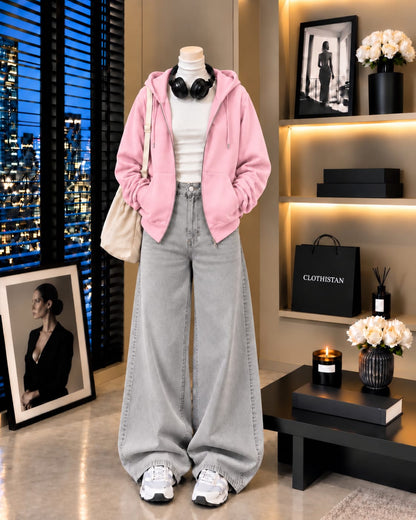 Zipper Hoodie, White Rib Net Highneck & Grey Wide-Leg Jeans as Pack of Threes