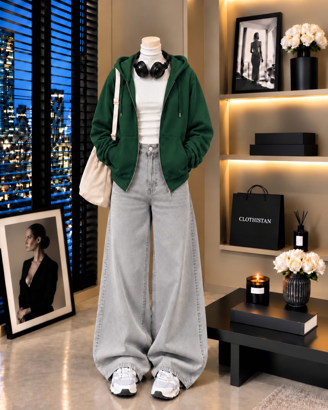 Zipper Hoodie, White Rib Net Highneck & Grey Wide-Leg Jeans as Pack of Threes