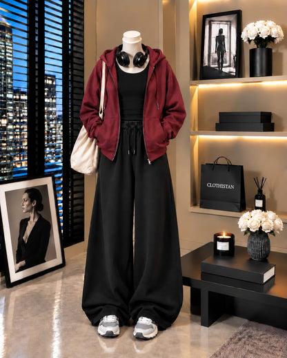 Zipper Hoodie, Black Tank Top & Black Wide-Leg Trouser as Pack of Threes