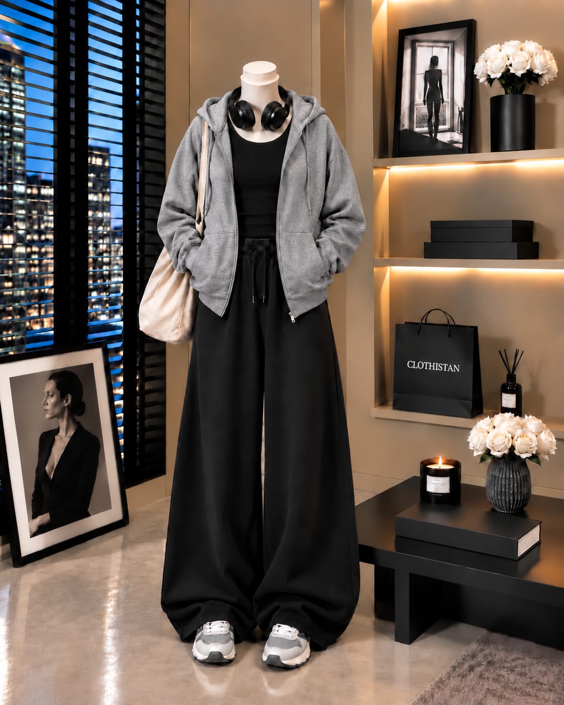 Zipper Hoodie, Black Tank Top & Black Wide-Leg Trouser as Pack of Threes