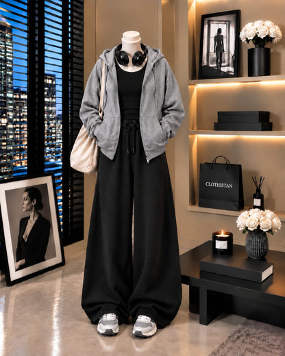 Zipper Hoodie, Black Tank Top & Black Wide-Leg Trouser as Pack of Threes