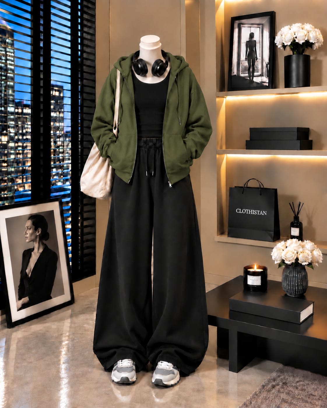 Zipper Hoodie, Black Tank Top & Black Wide-Leg Trouser as Pack of Threes
