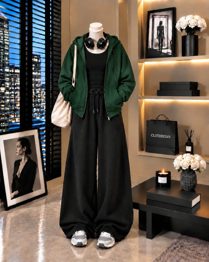 Zipper Hoodie, Black Tank Top & Black Wide-Leg Trouser as Pack of Threes