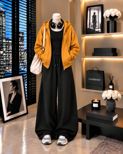 Zipper Hoodie, Black Tank Top & Black Wide-Leg Trouser as Pack of Threes