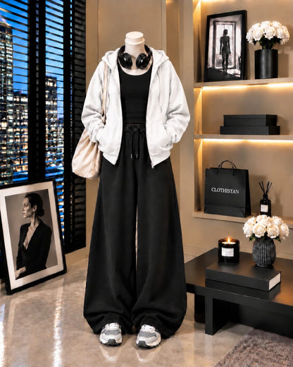 Zipper Hoodie, Black Tank Top & Black Wide-Leg Trouser as Pack of Threes