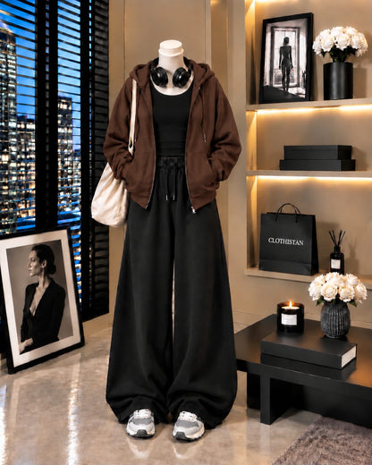 Zipper Hoodie, Black Tank Top & Black Wide-Leg Trouser as Pack of Threes