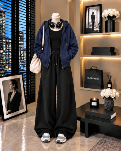 Zipper Hoodie, Black Tank Top & Black Wide-Leg Trouser as Pack of Threes
