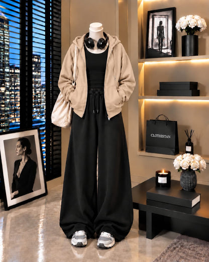 Zipper Hoodie, Black Tank Top & Black Wide-Leg Trouser as Pack of Threes