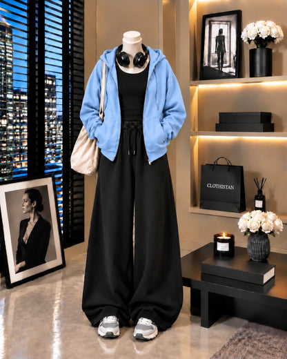 Zipper Hoodie, Black Tank Top & Black Wide-Leg Trouser as Pack of Threes