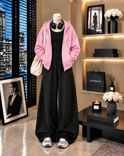 Zipper Hoodie, Black Tank Top & Black Wide-Leg Trouser as Pack of Threes