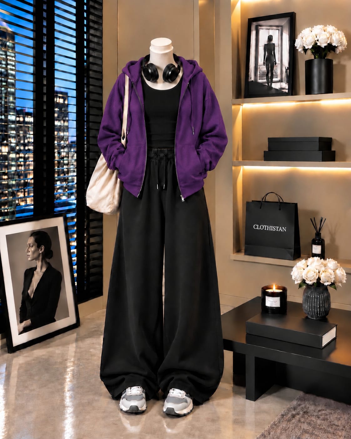 Zipper Hoodie, Black Tank Top & Black Wide-Leg Trouser as Pack of Threes