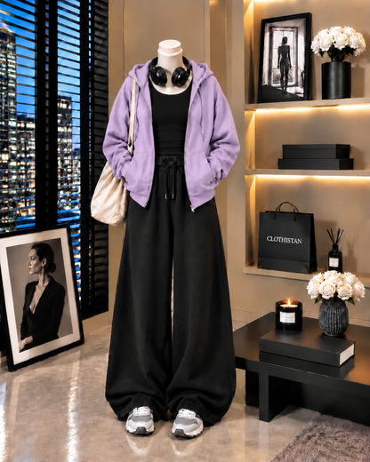 Zipper Hoodie, Black Tank Top & Black Wide-Leg Trouser as Pack of Threes