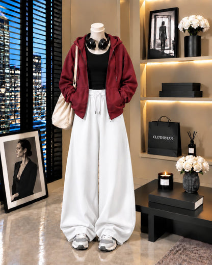 Zipper Hoodie, Black Tank Top & White Wide-Leg Trouser as Pack of Threes