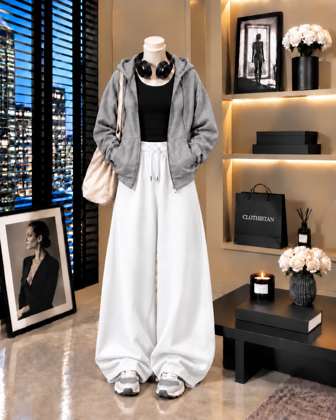 Zipper Hoodie, Black Tank Top & White Wide-Leg Trouser as Pack of Threes