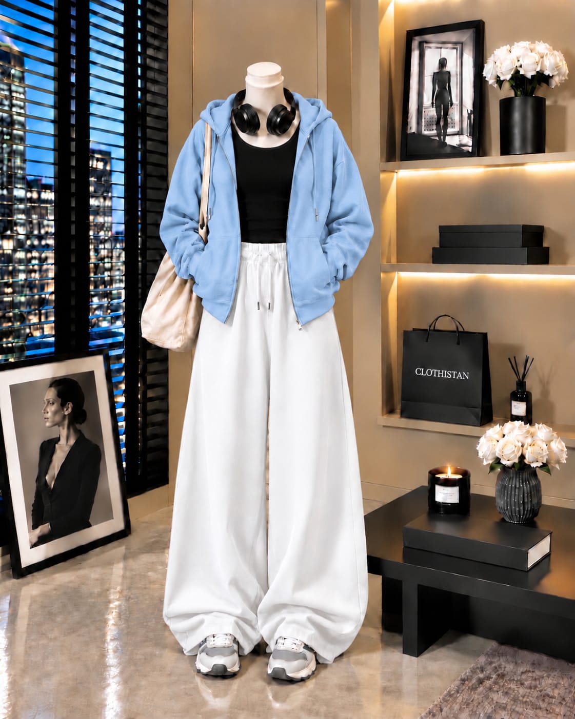 Zipper Hoodie, Black Tank Top & White Wide-Leg Trouser as Pack of Threes