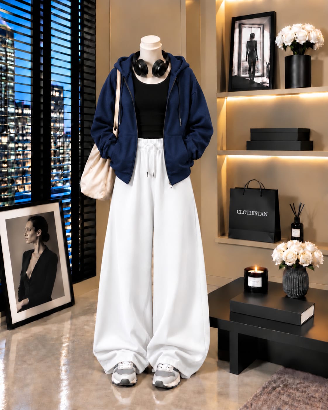 Zipper Hoodie, Black Tank Top & White Wide-Leg Trouser as Pack of Threes