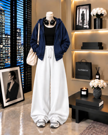 Zipper Hoodie, Black Tank Top & White Wide-Leg Trouser as Pack of Threes