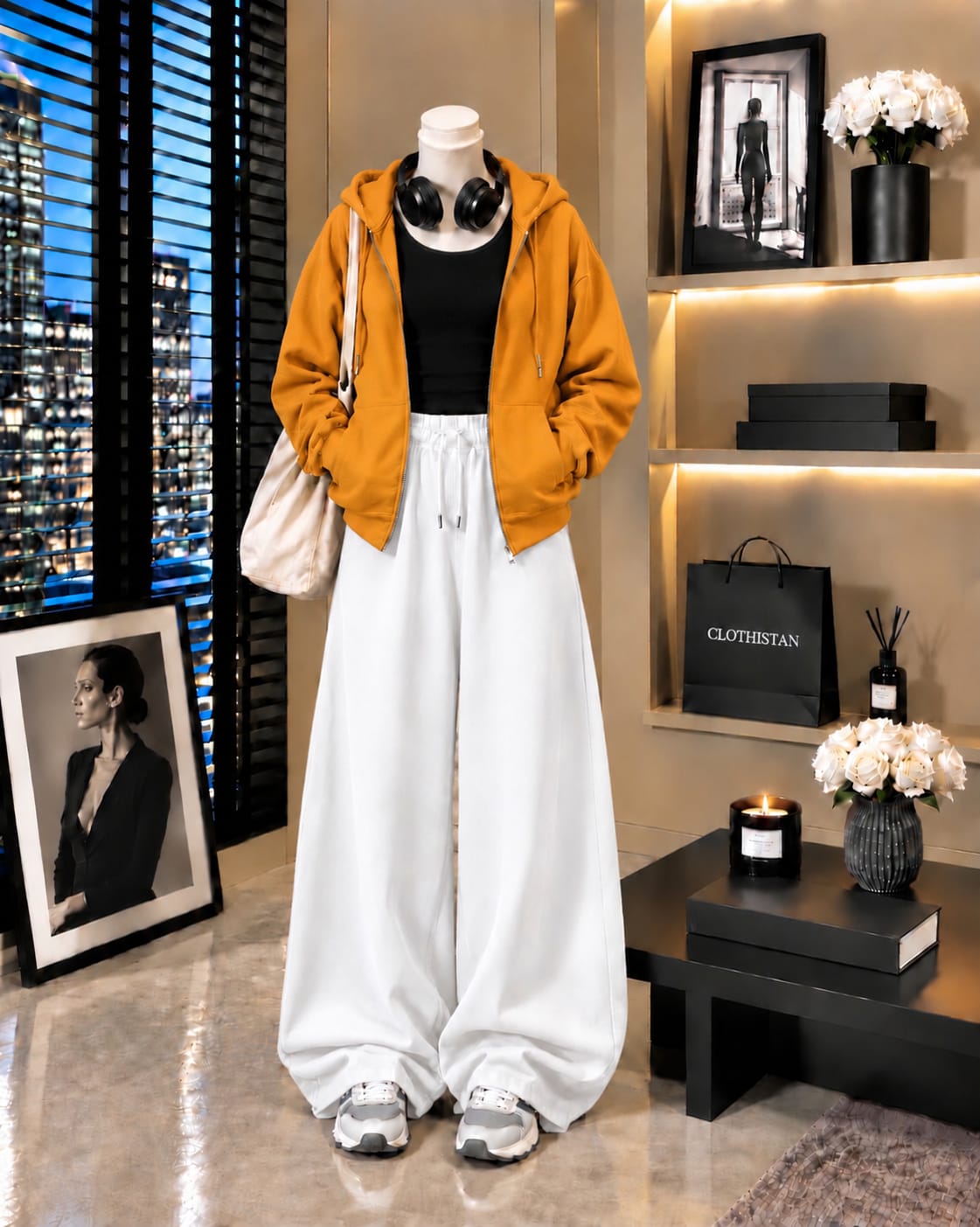 Zipper Hoodie, Black Tank Top & White Wide-Leg Trouser as Pack of Threes