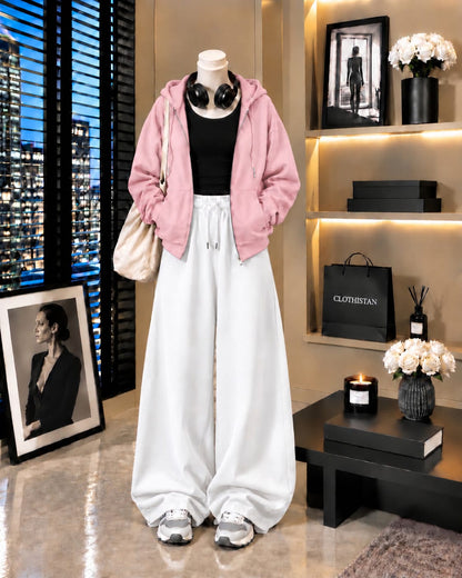 Zipper Hoodie, Black Tank Top & White Wide-Leg Trouser as Pack of Threes