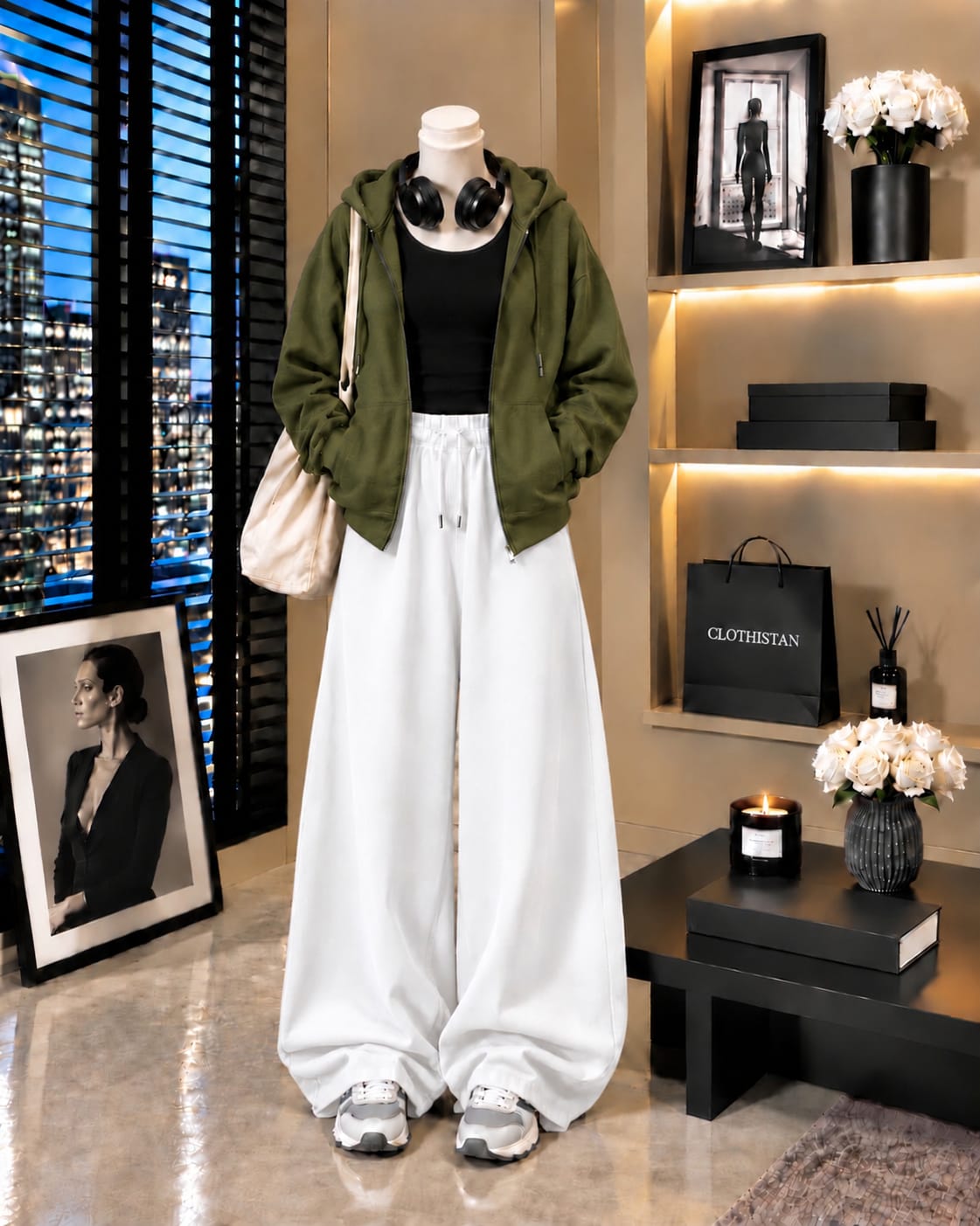 Zipper Hoodie, Black Tank Top & White Wide-Leg Trouser as Pack of Threes