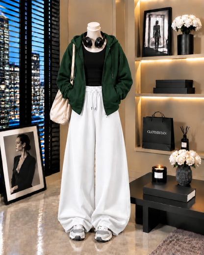 Zipper Hoodie, Black Tank Top & White Wide-Leg Trouser as Pack of Threes