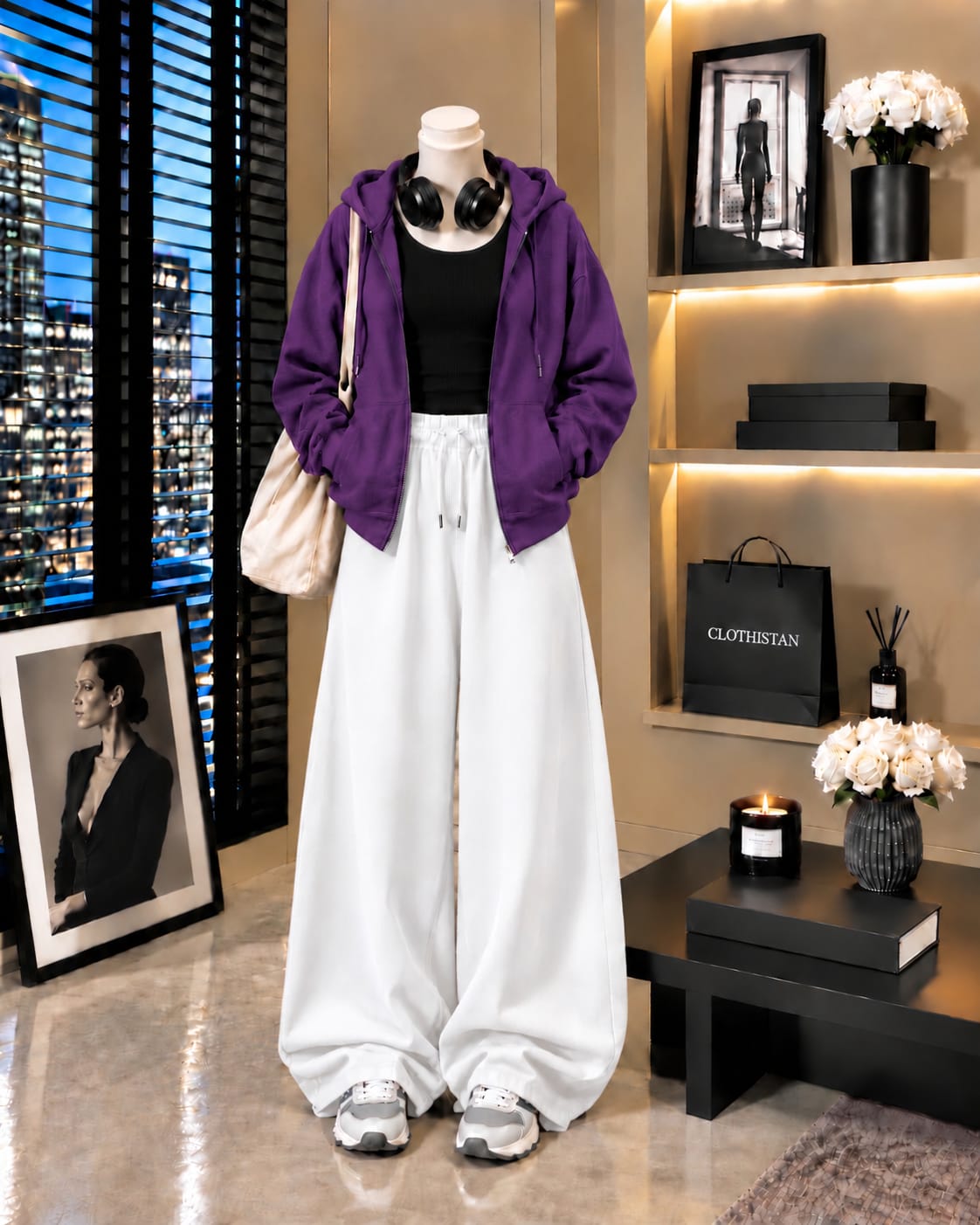Zipper Hoodie, Black Tank Top & White Wide-Leg Trouser as Pack of Threes
