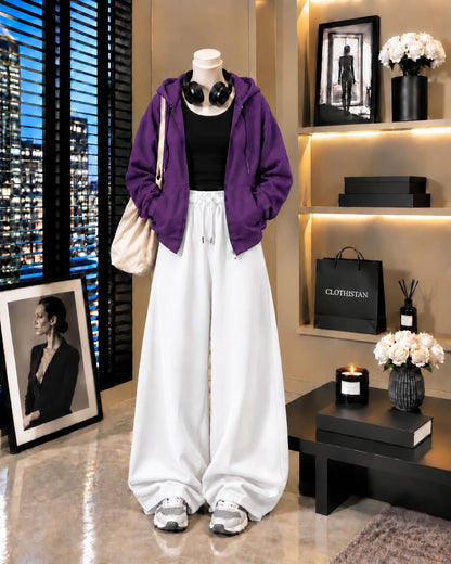 Zipper Hoodie, Black Tank Top & White Wide-Leg Trouser as Pack of Threes