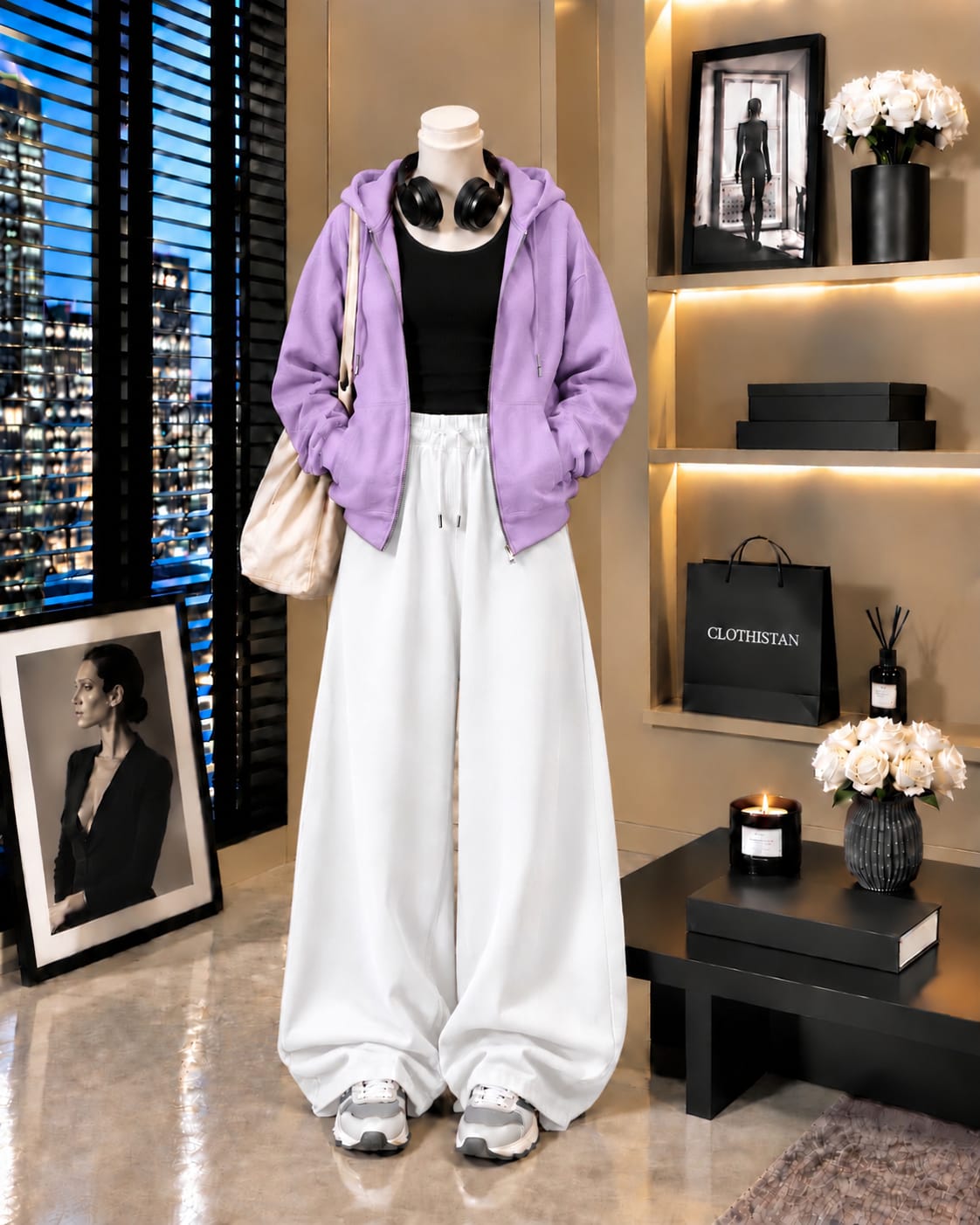 Zipper Hoodie, Black Tank Top & White Wide-Leg Trouser as Pack of Threes
