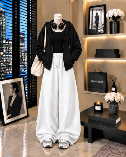 Zipper Hoodie, Black Tank Top & White Wide-Leg Trouser as Pack of Threes