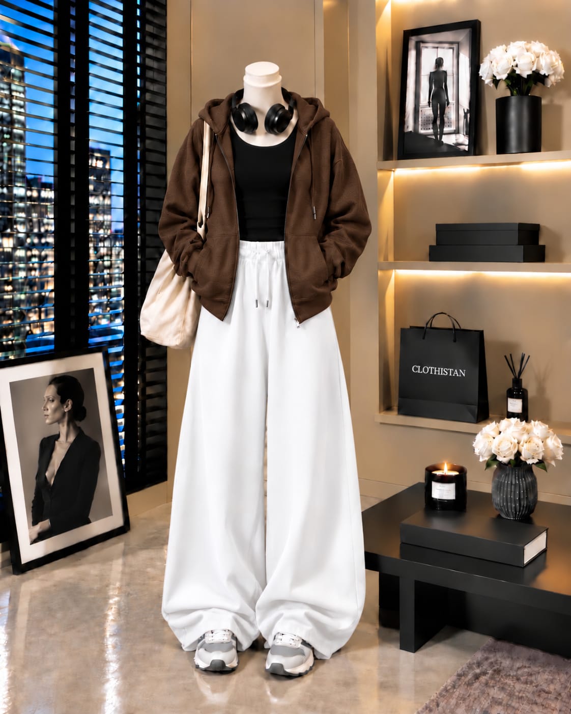 Zipper Hoodie, Black Tank Top & White Wide-Leg Trouser as Pack of Threes