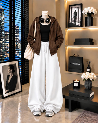 Zipper Hoodie, Black Tank Top & White Wide-Leg Trouser as Pack of Threes
