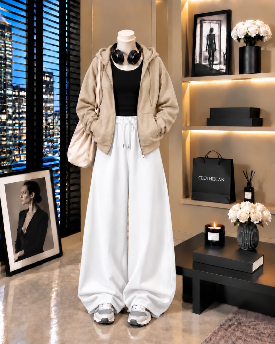 Zipper Hoodie, Black Tank Top & White Wide-Leg Trouser as Pack of Threes