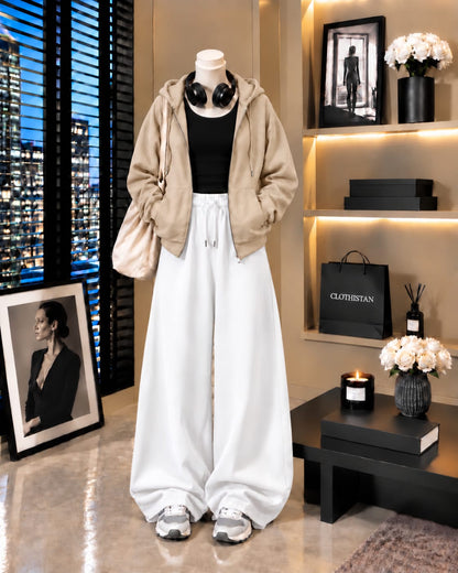 Zipper Hoodie, Black Tank Top & White Wide-Leg Trouser as Pack of Threes