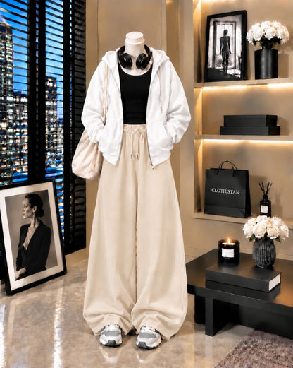 Zipper Hoodie, Black Tank Top & Skin Wide-Leg Trouser as Pack of Threes