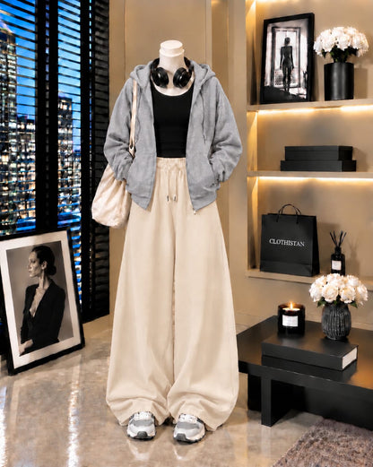 Zipper Hoodie, Black Tank Top & Skin Wide-Leg Trouser as Pack of Threes