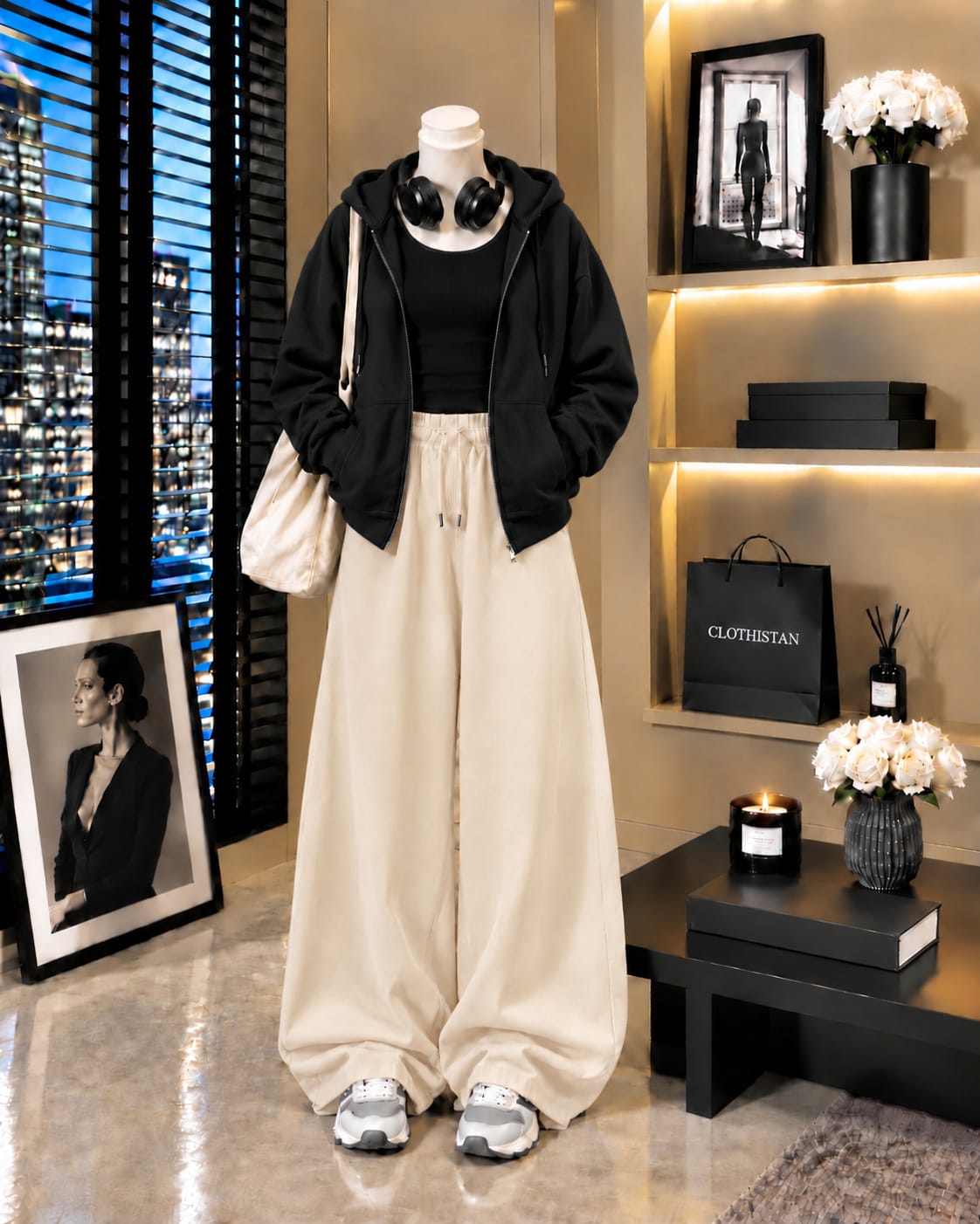 Zipper Hoodie, Black Tank Top & Skin Wide-Leg Trouser as Pack of Threes