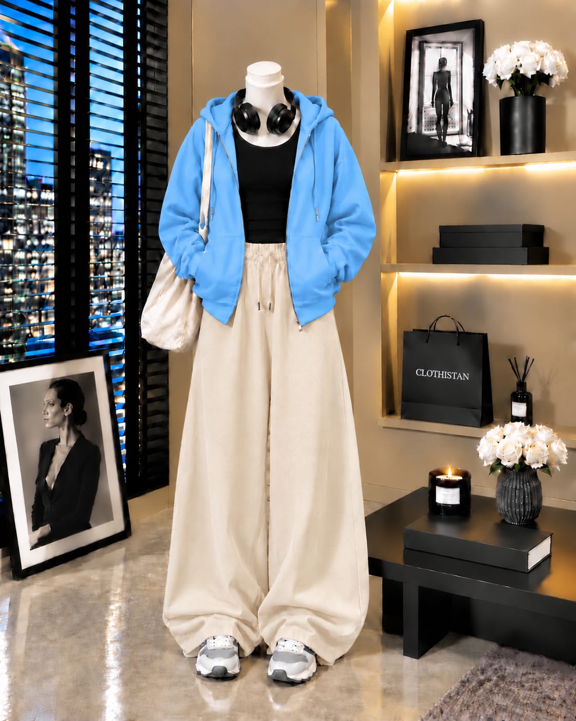 Zipper Hoodie, Black Tank Top & Skin Wide-Leg Trouser as Pack of Threes