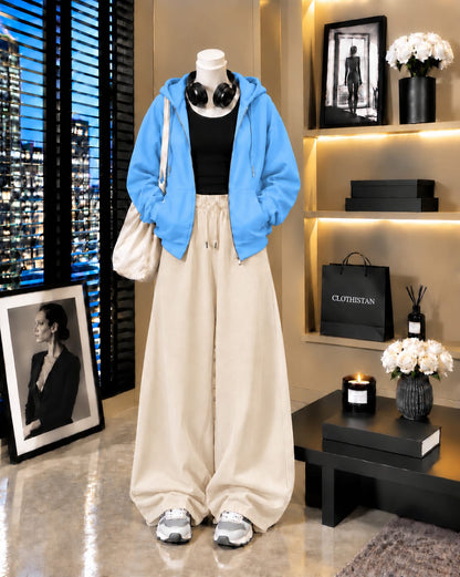 Zipper Hoodie, Black Tank Top & Skin Wide-Leg Trouser as Pack of Threes