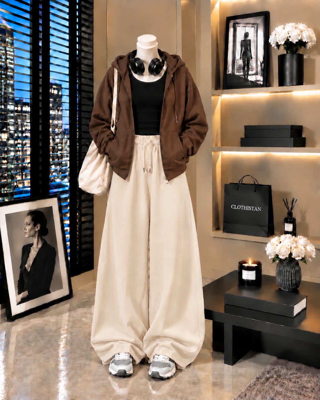 Zipper Hoodie, Black Tank Top & Skin Wide-Leg Trouser as Pack of Threes