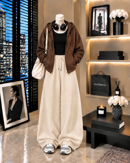 Zipper Hoodie, Black Tank Top & Skin Wide-Leg Trouser as Pack of Threes