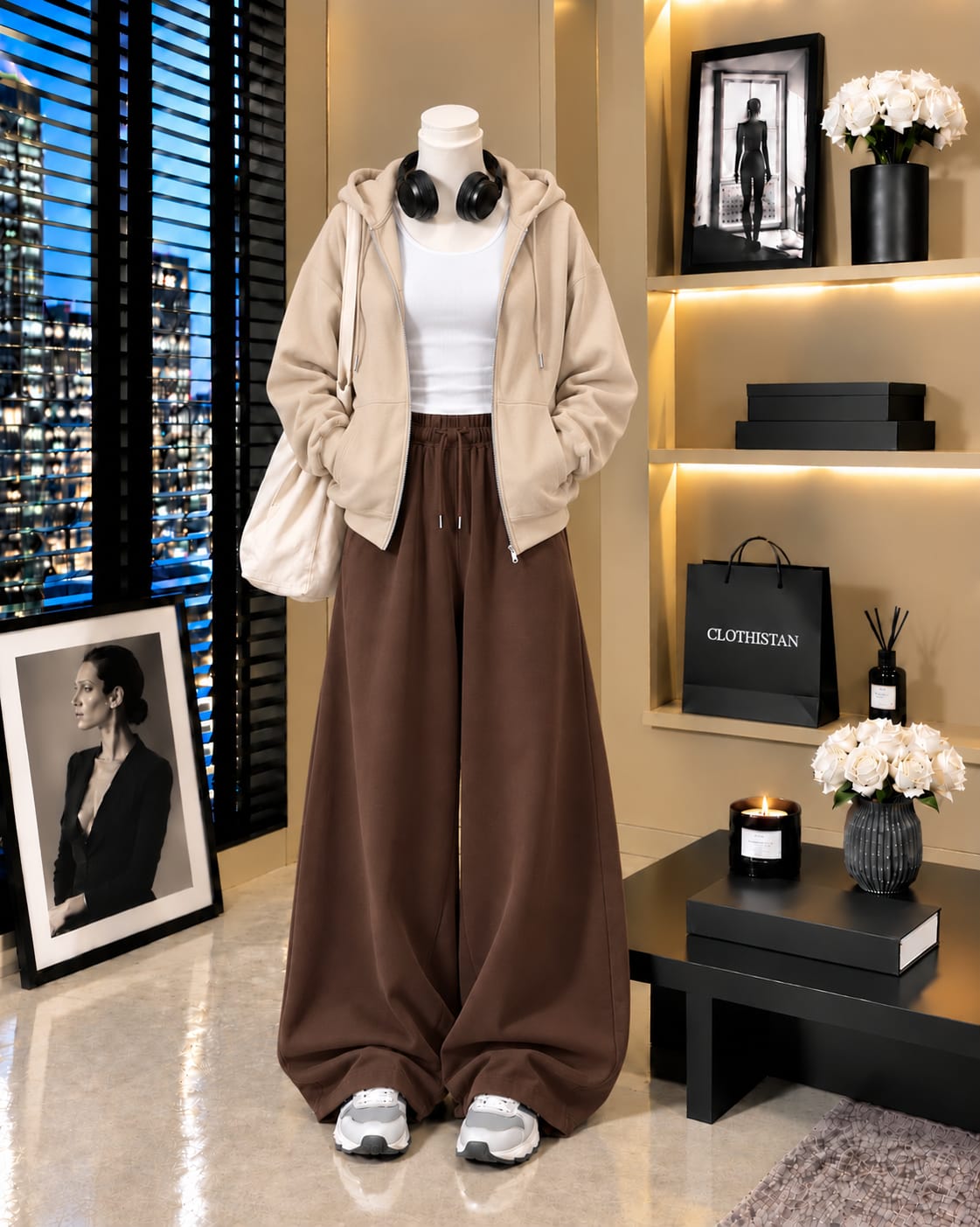 Zipper Hoodie, White Tank Top & Brown Wide-Leg Trouser as Pack of Threes